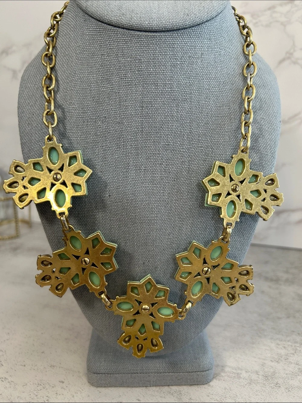 J. Crew Mint Green and Gold Floral Statement Necklace